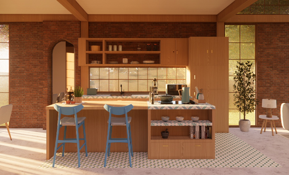 Render interior de cocina abierta