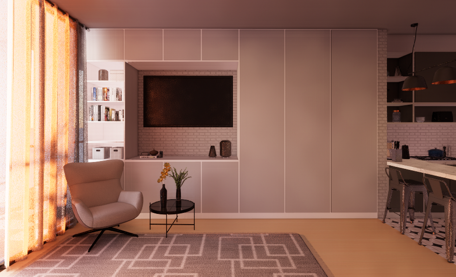 Render de sala y diseño de aparta estudio