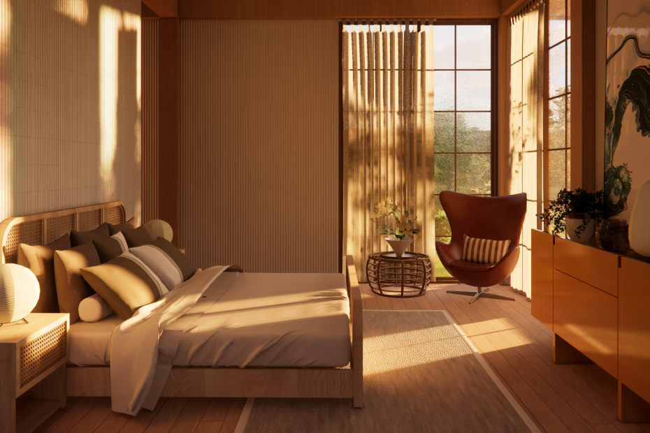 Render interior de habitación campestre