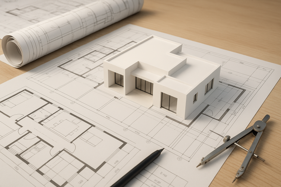 Maqueta arquitectónica y planos de casa moderna sobre escritorio, ejemplo de planificar el diseño de tu casa para evitar costos extra