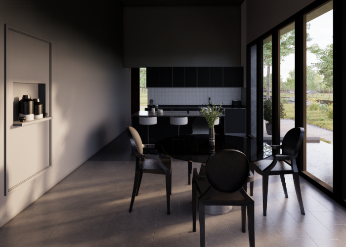Render interior de comedor cocina